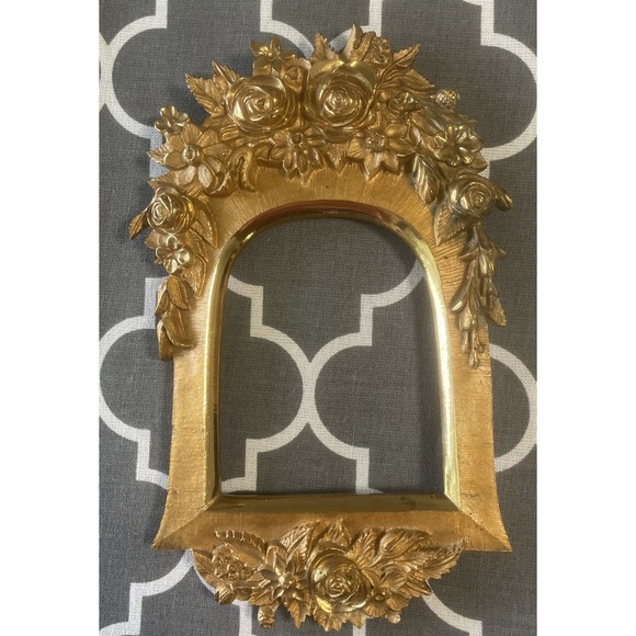 The Unbranded Brand Other - Vintage Ornate Gold Gilt Cast Floral Arched Mini Picture Frame No Glass Or Back